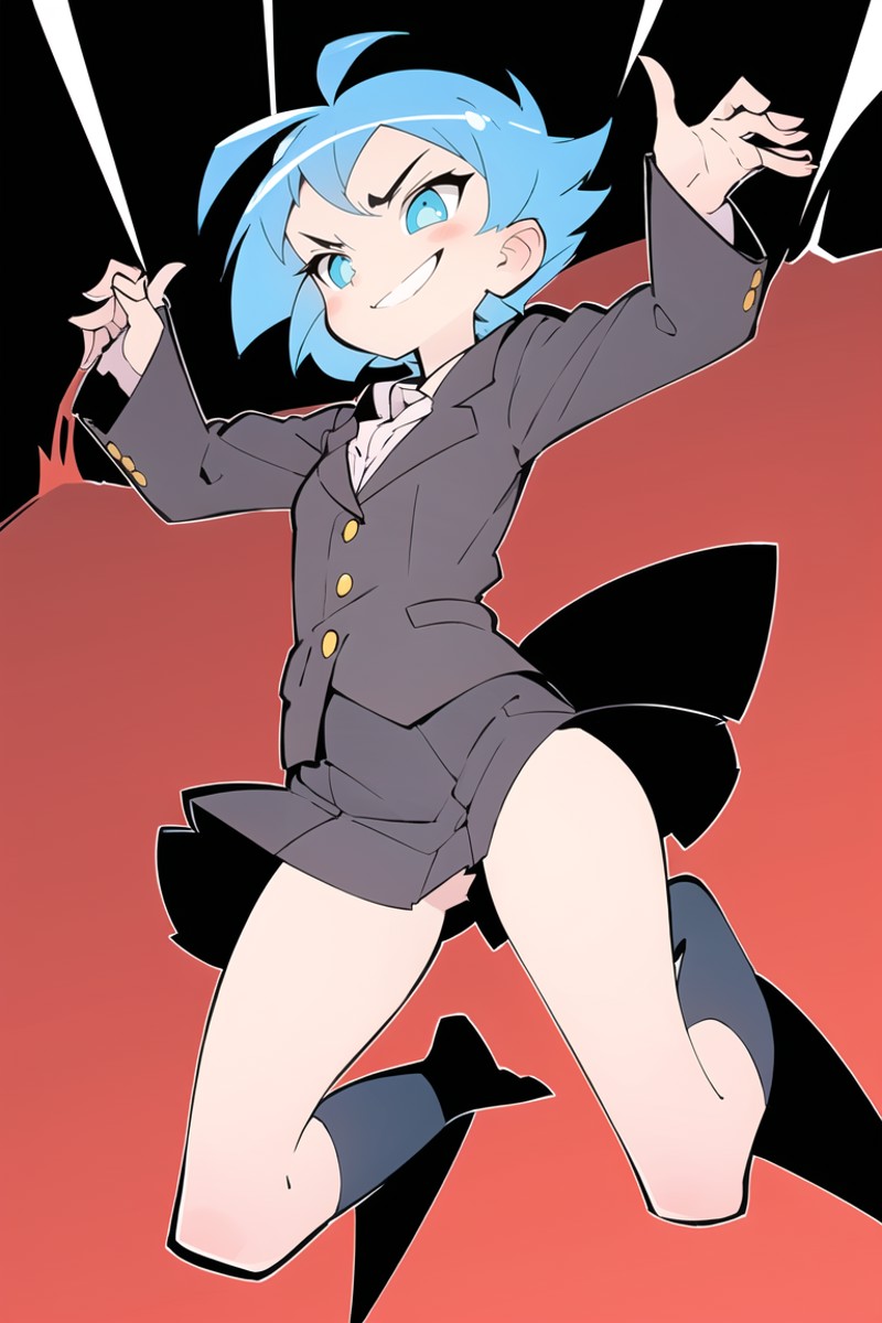 08152-1668161958-1girl, blue hair, short hair, from below, jumping, dynamic pose, suit , miniskirt, smirk, _, flat color, wide-eyed,.png